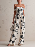 Abstract Circle Print Off-Shoulder Wide-Leg Jumpsuit