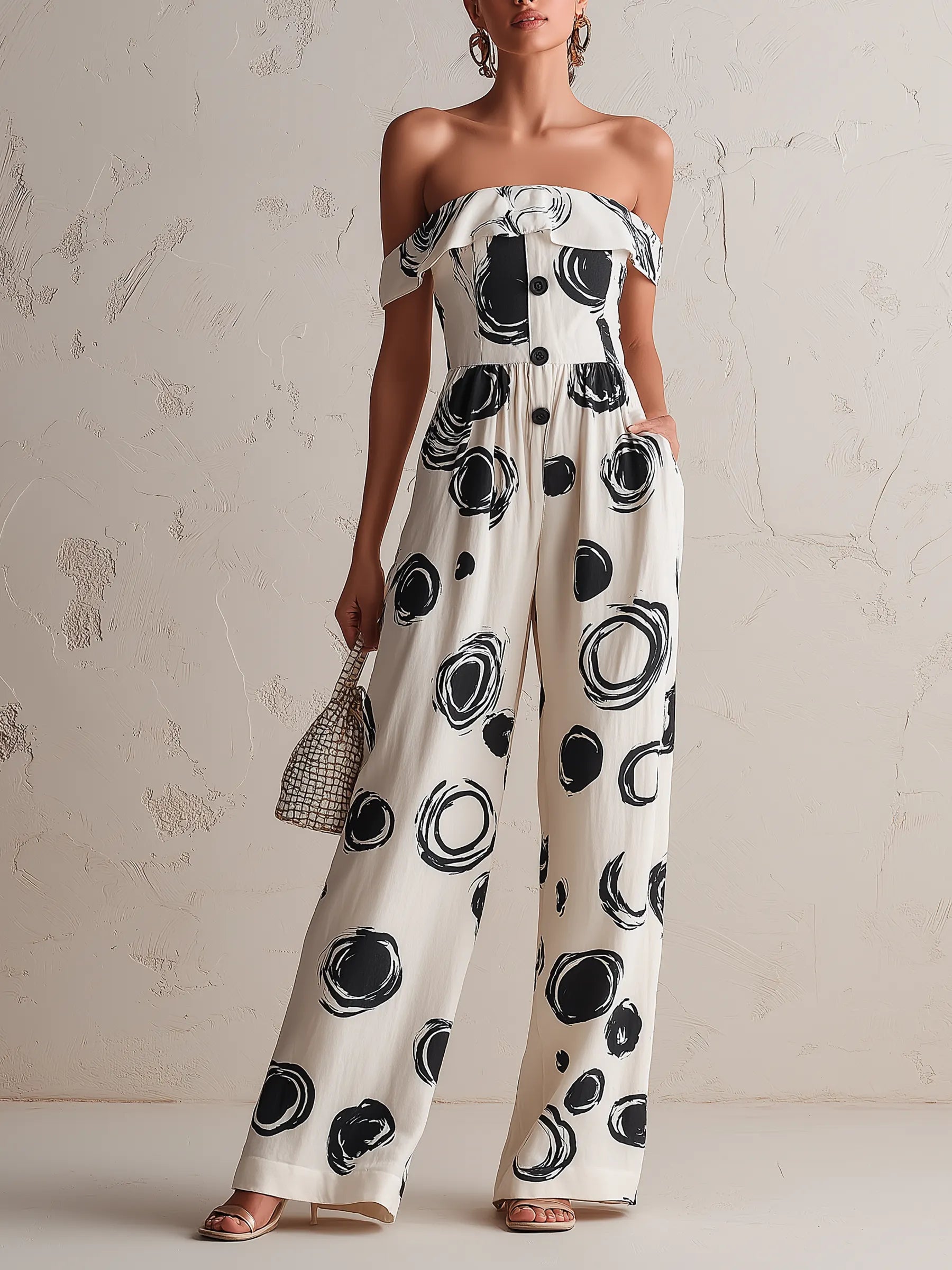 Abstract Circle Print Off-Shoulder Wide-Leg Jumpsuit