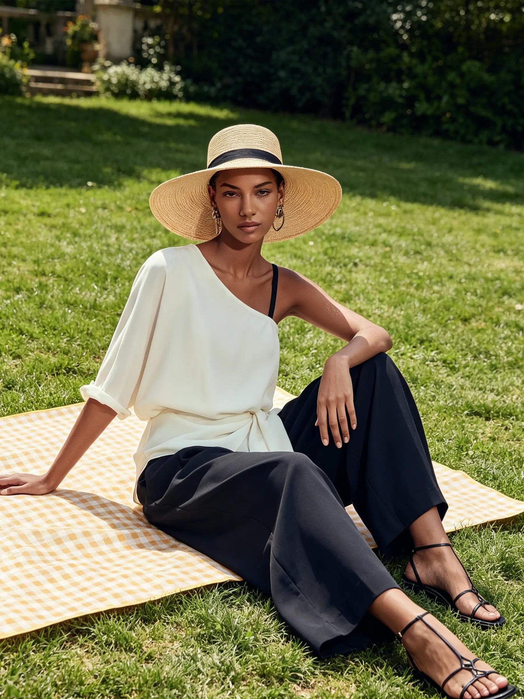 Asymmetric One-Shoulder Tie-Waist Top & Wide-Leg Trousers Co-Ord Set