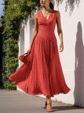 Maxi Linen Dress, Sleeveless, V Neck, Plain, French Vintage, Red