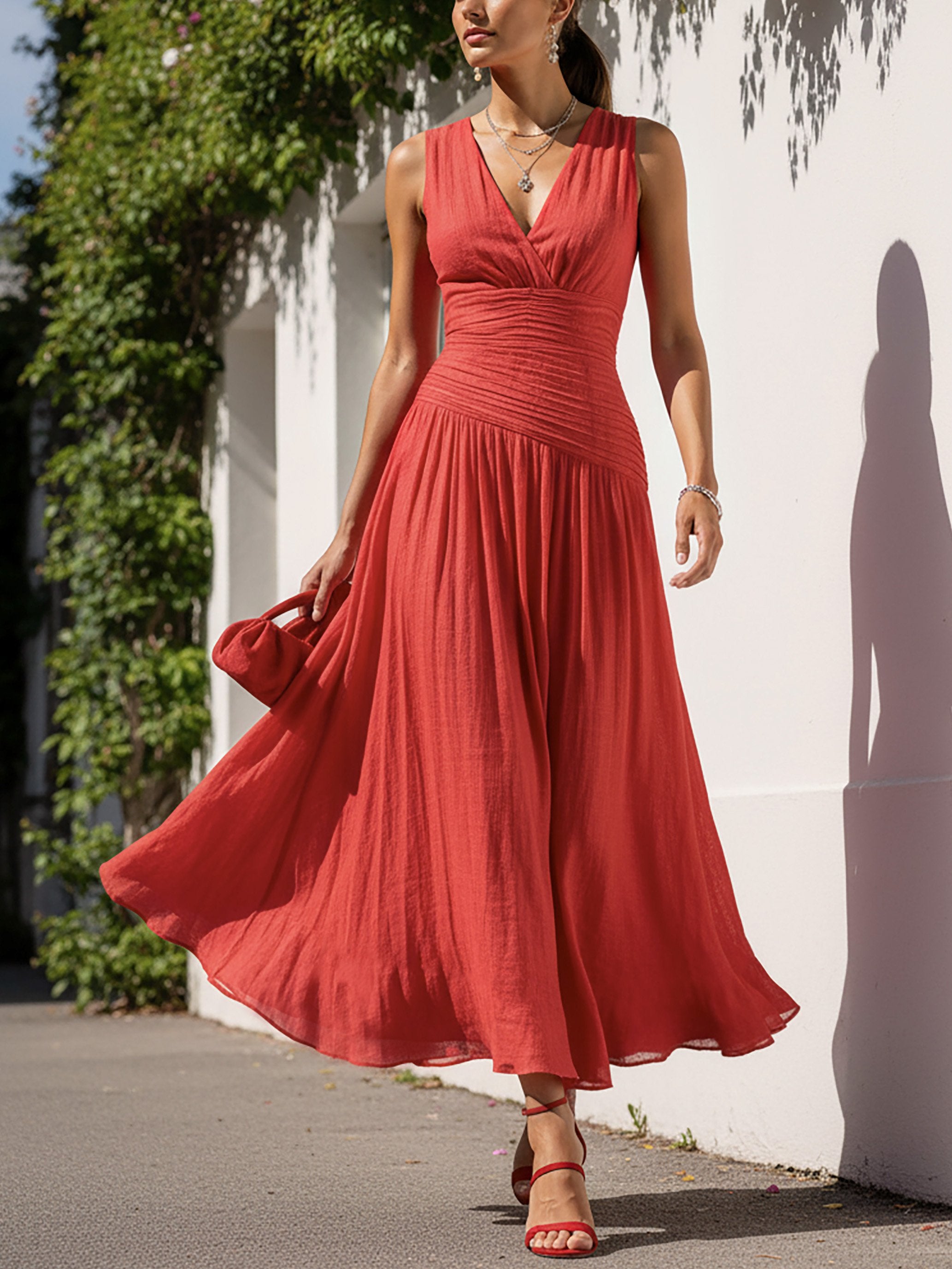 Maxi Linen Dress, Sleeveless, V Neck, Plain, French Vintage, Red