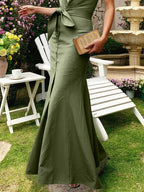 (SIZE:XS-XXL) Cotton Maxi Dress, Cap Sleeve, Lapel Collar, Plain, Vintage, Green