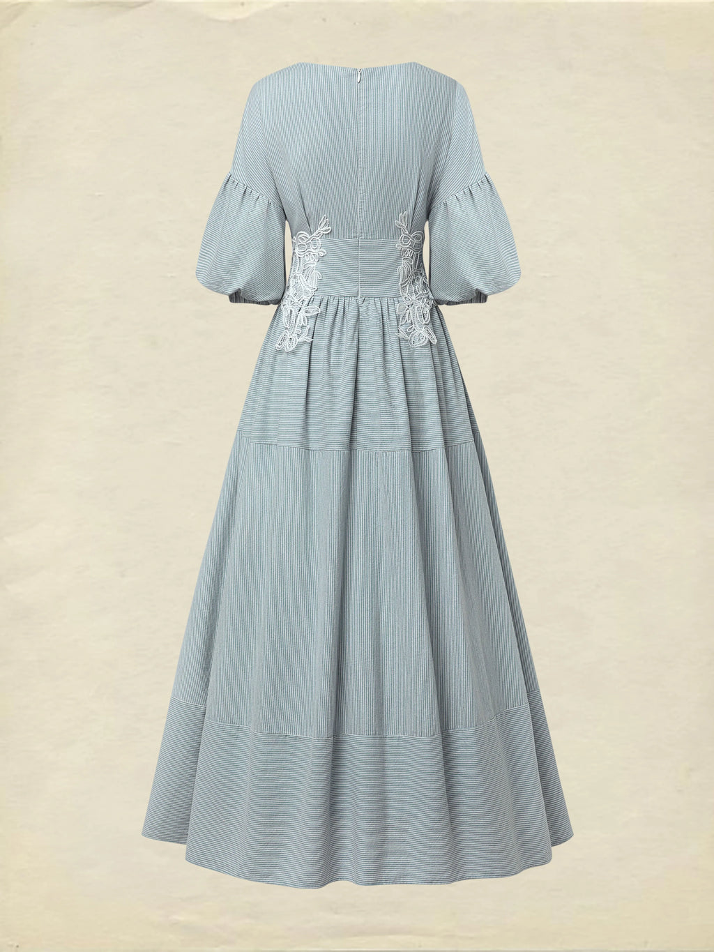 Maxi Cotton Dress, Half Sleeve, V Neck, Plaid, Lace, Vintage, Blue