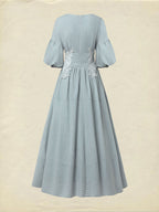 Maxi Cotton Dress, Half Sleeve, V Neck, Plaid, Lace, Vintage, Blue