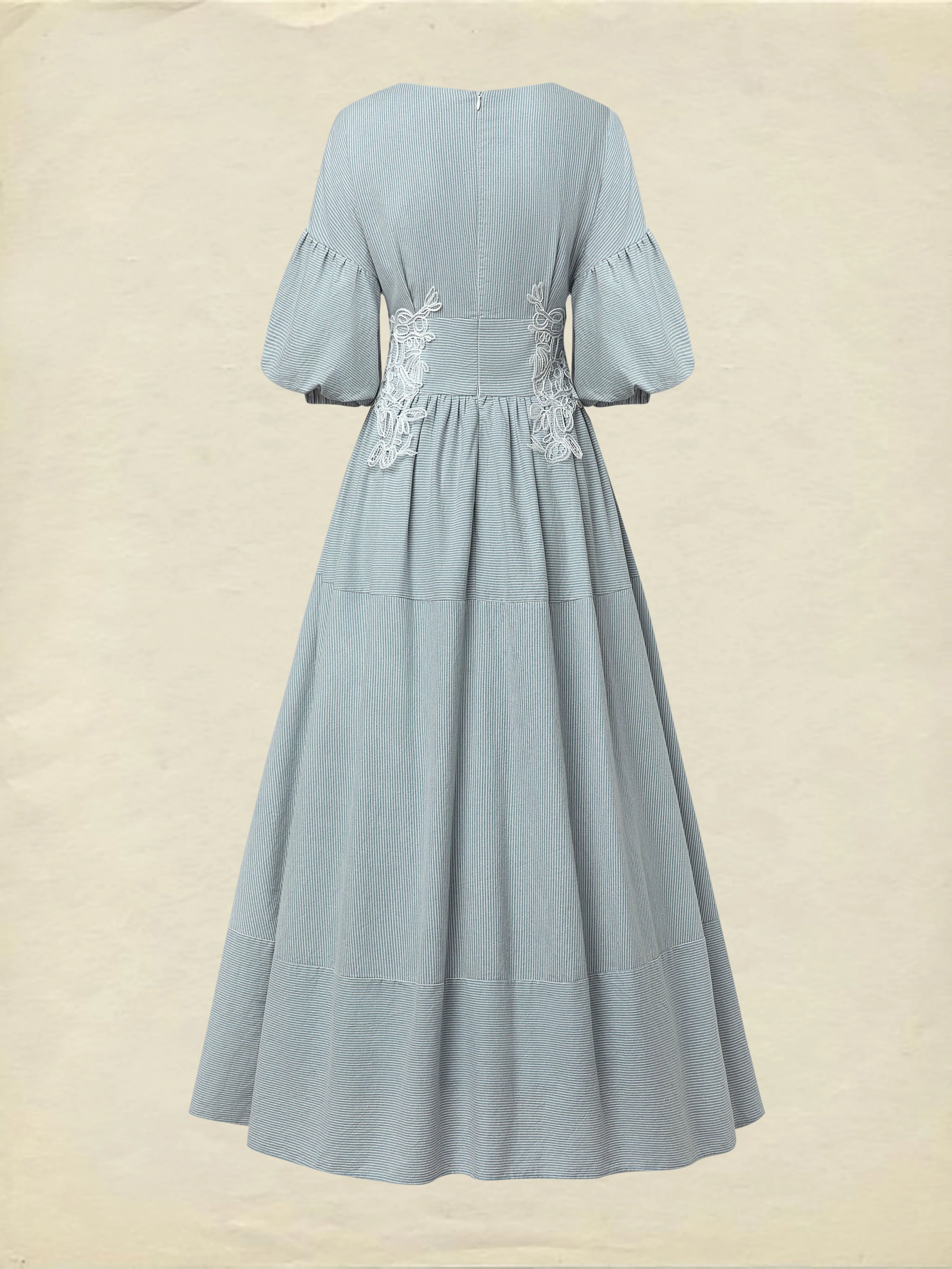 Maxi Cotton Dress, Half Sleeve, V Neck, Plaid, Lace, Vintage, Blue