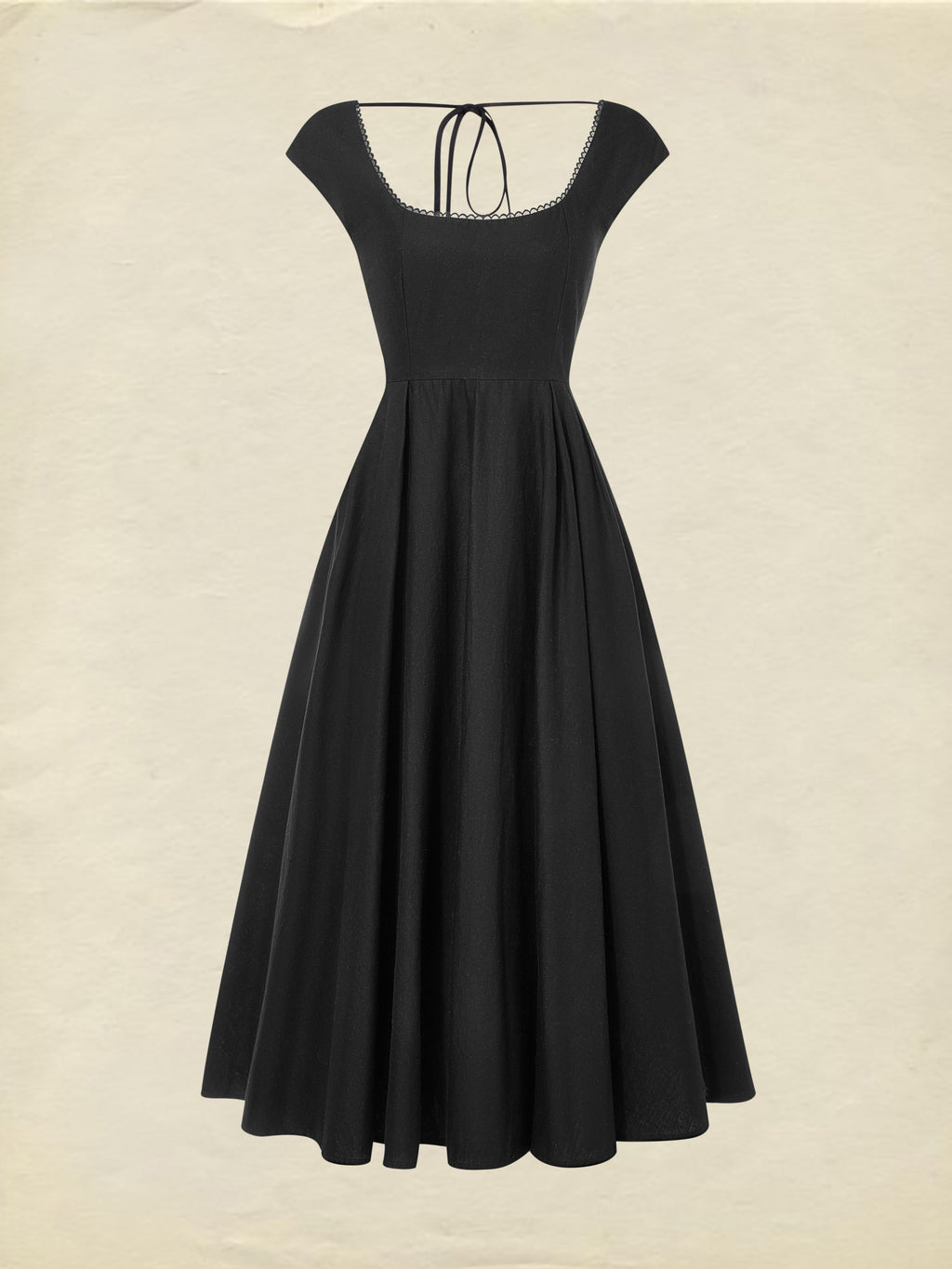 Midi Linen Dress, Sleeveless, Lace Collar, Plain, Lace, French Vintage, Black