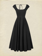 Midi Linen Dress, Sleeveless, Lace Collar, Plain, Lace, French Vintage, Black