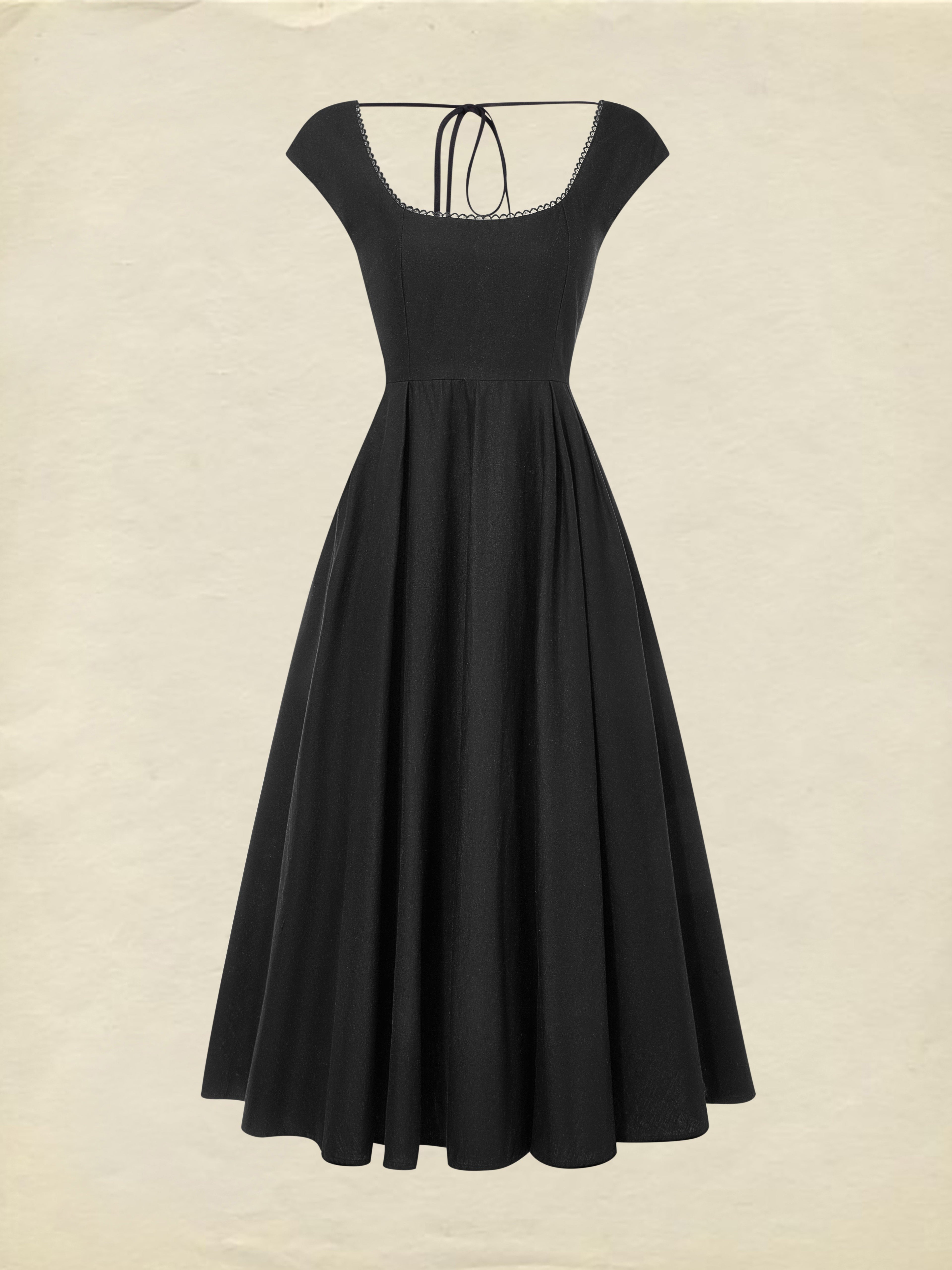 Midi Linen Dress, Sleeveless, Lace Collar, Plain, Lace, French Vintage, Black