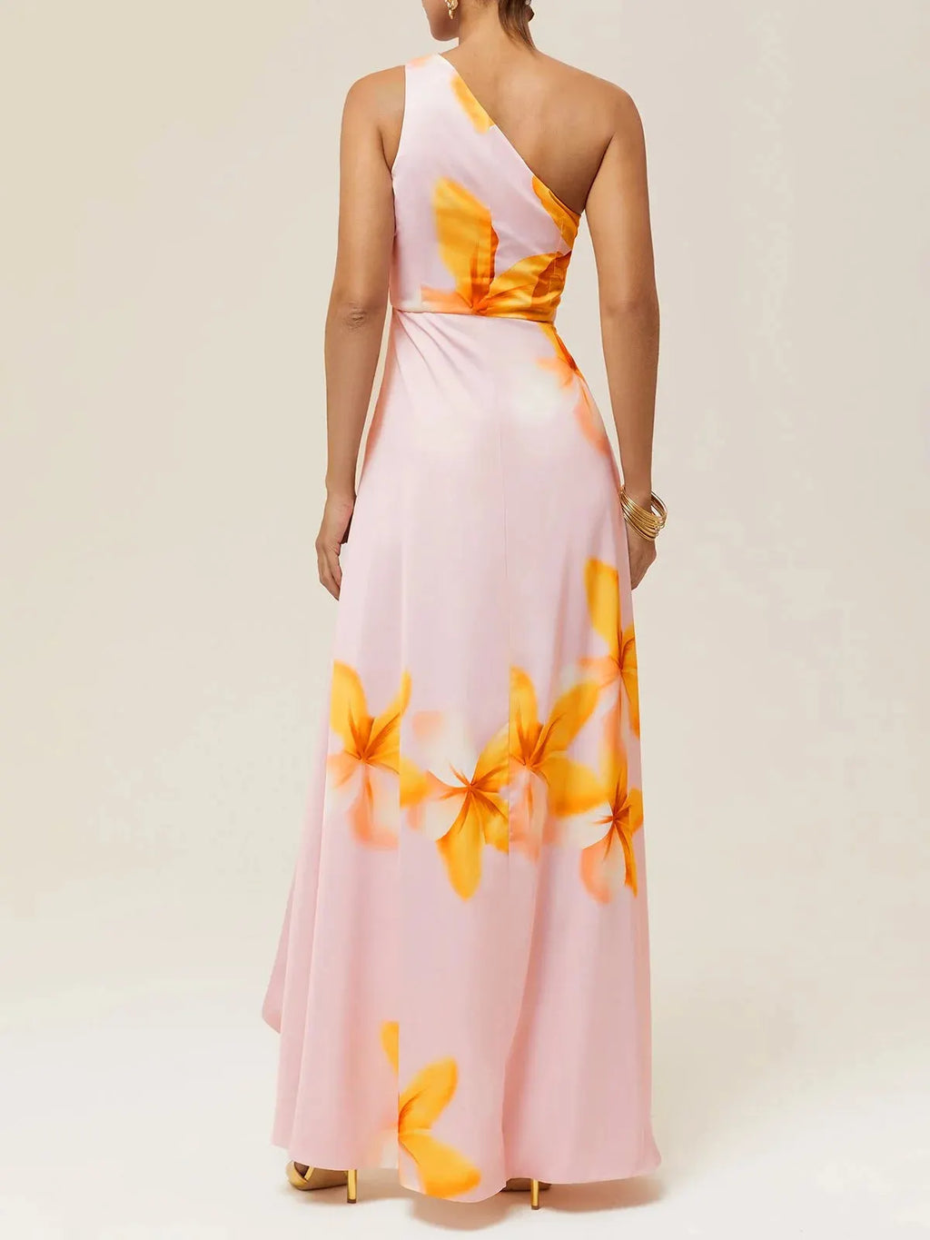 Pink Asymmetric Floral Classic One Shoulder Sleeveless A-Line Maxi Dress