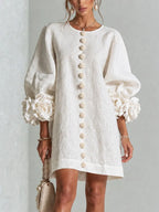 Women's 3D Floral Cuff Balloon Sleeve Mini Dress, Front Floral Button Cotton Linen Blend Shift Dress