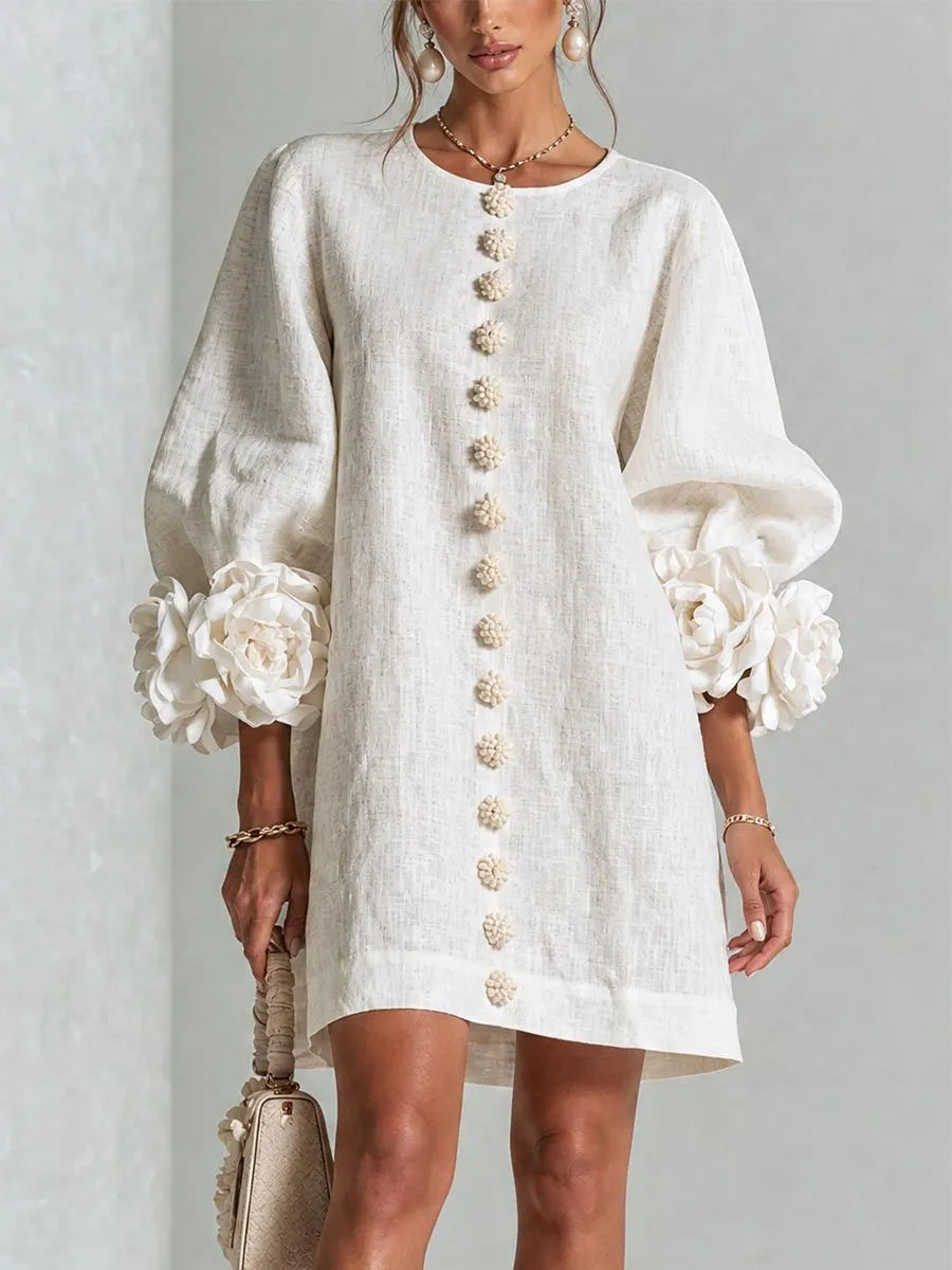 Women's 3D Floral Cuff Balloon Sleeve Mini Dress, Front Floral Button Cotton Linen Blend Shift Dress