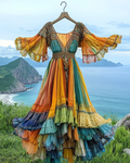 Elegant contrast color vacation rainbow maxi dress 6366