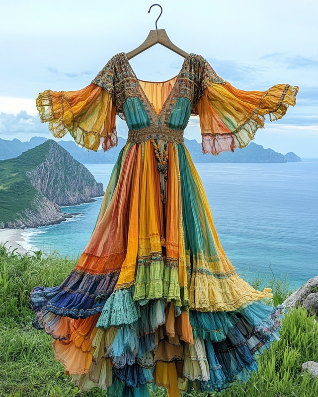 Elegant contrast color vacation rainbow maxi dress 6366