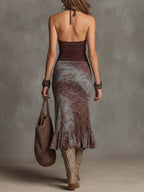 Bohemian Retro Print Halter Lace Trim Midi Dress