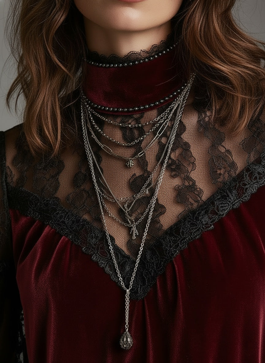 Elegant Velvet & Lace Victorian-Inspired Blouse