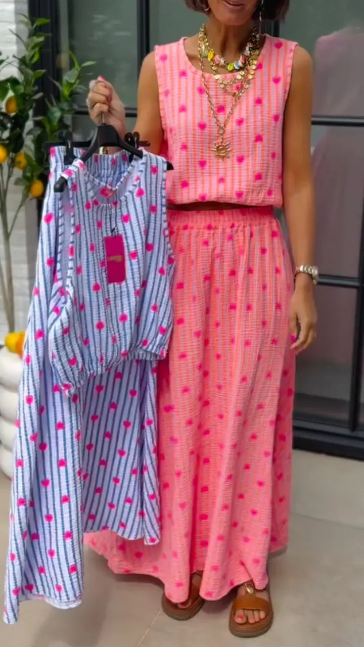 Heart Stripe Crinkle Two Piece Midi Skirt Set