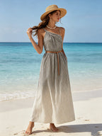 Asymmetrical Stripe Ombre Maxi Dress With Leather Belt