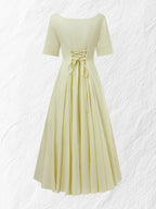 Maxi Linen Dress , Short Sleeves, Square Neck, Plain, Vacation, French Vintage, Light Yellow