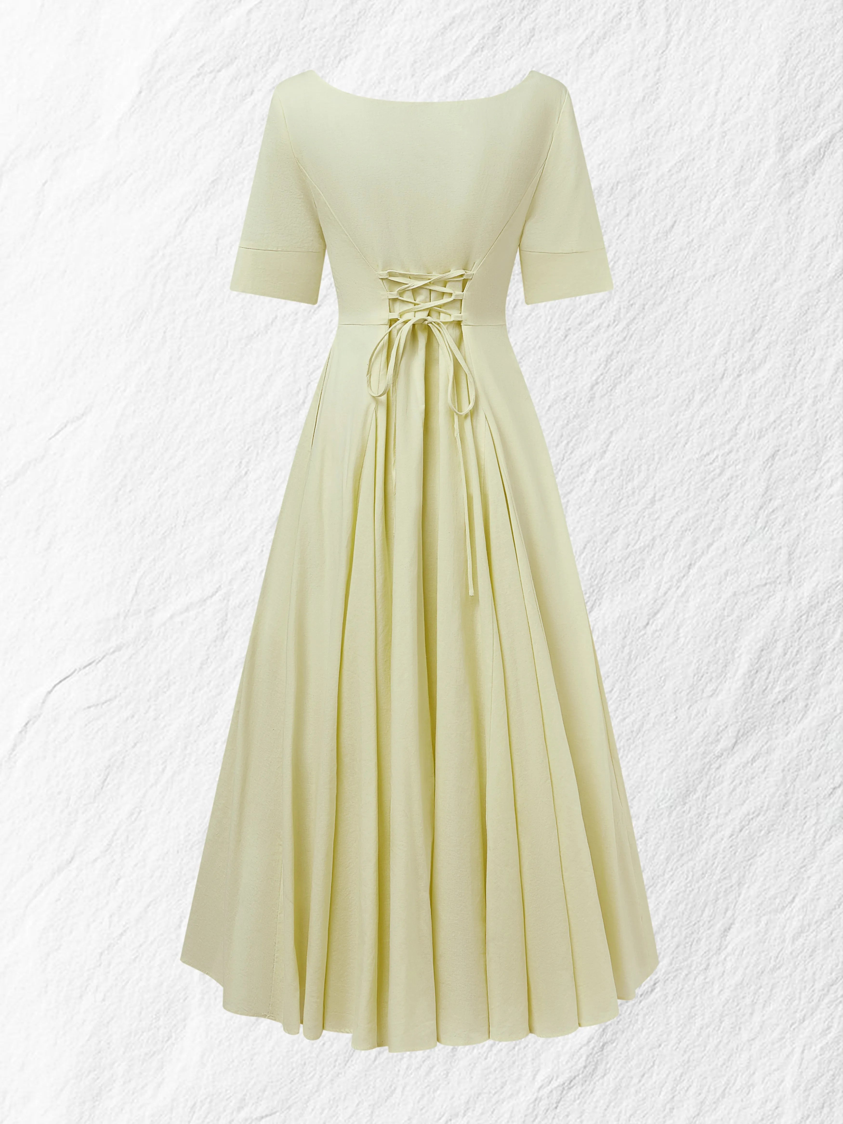 Maxi Linen Dress , Short Sleeves, Square Neck, Plain, Vacation, French Vintage, Light Yellow