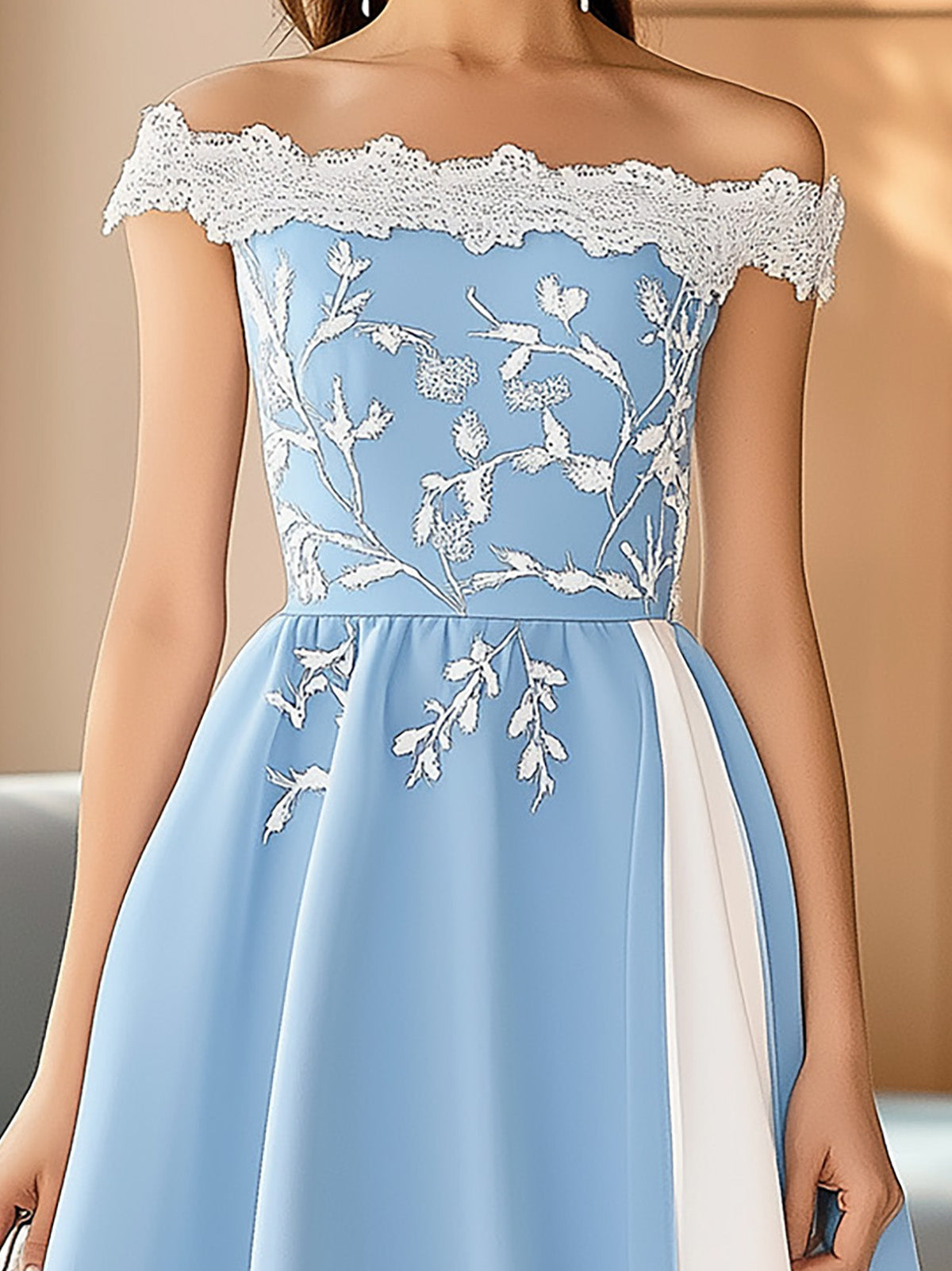 Elegant Blue Off-the-Shoulder Chiffon Dress with Embroidery