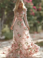 Vintage Boho Pink Roses Embroidered V Neck Flowy Maxi Dress