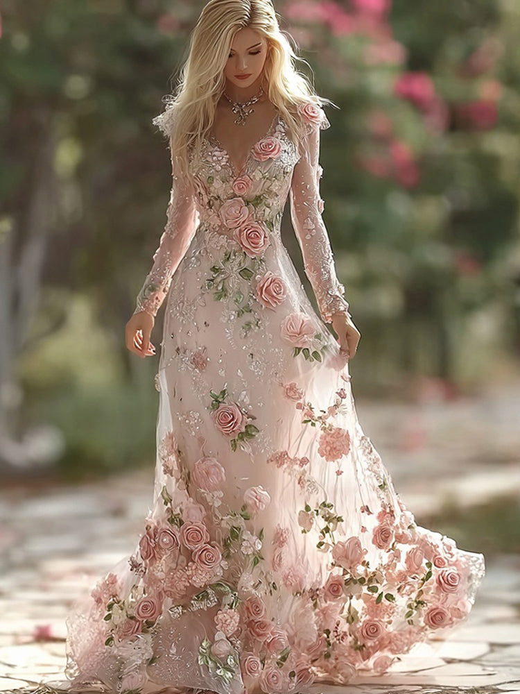 Vintage Boho Pink Roses Embroidered V Neck Flowy Maxi Dress