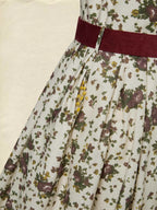 Midi Linen Dress, Long Sleeves, Shawl Collar, Floral, Belt Design, Vintage, Apricot