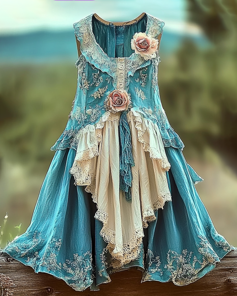 Summer Vacation Ruffle Lace Denim Dress  18c4