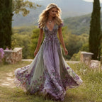 Vintage Boho Floral Embroidered Gradient Flowy Maxi Dress