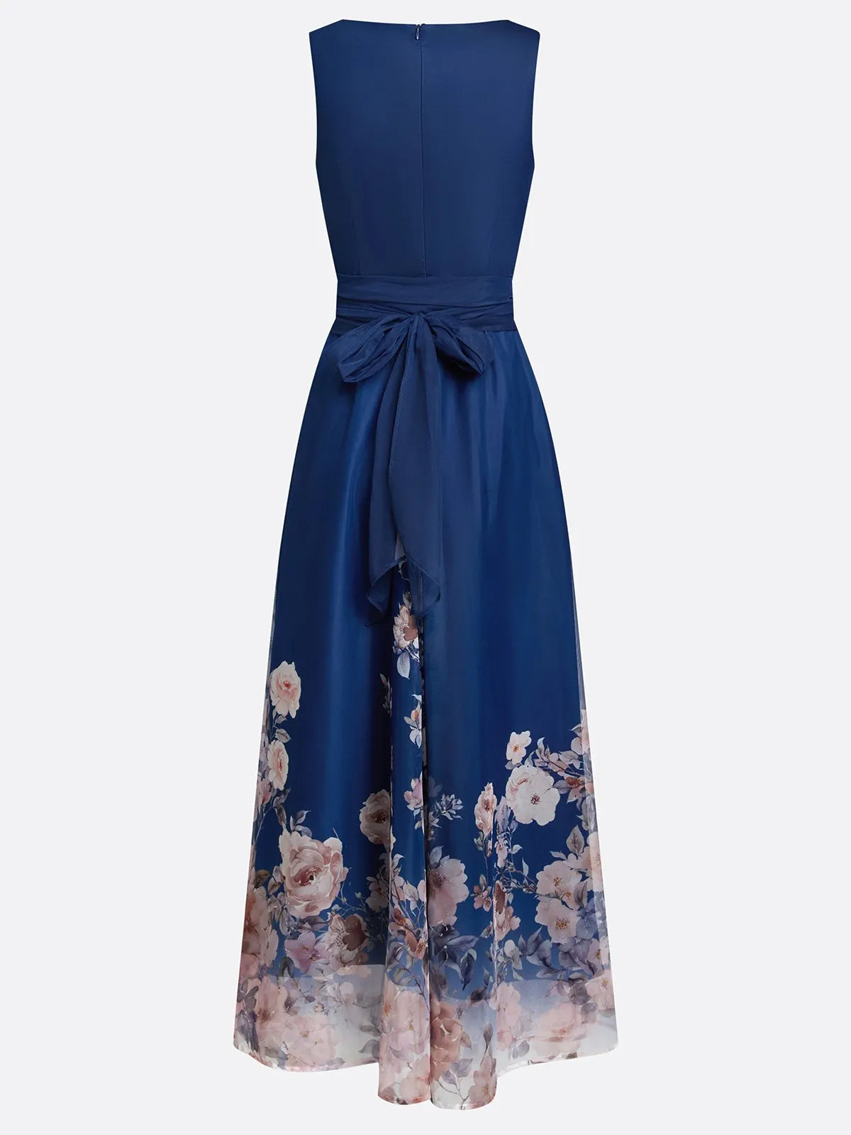 Navy Blue Floral Mesh V Neck Sleeveless A-Line Maxi Dress