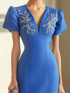 Blue Puff Sleeve Dress with Silver Embroidery
