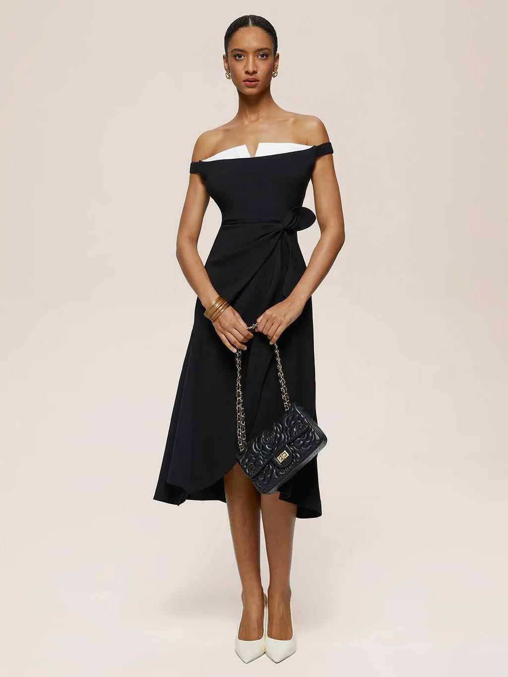 Black Off The Shoulder Sleeveless A-Line Midi Dress