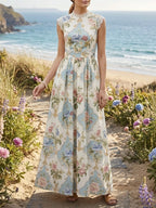 Maxi Linen Dress, Cap Sleeves, Lace Collar, Floral, Lace, Vacation, Vintage, White