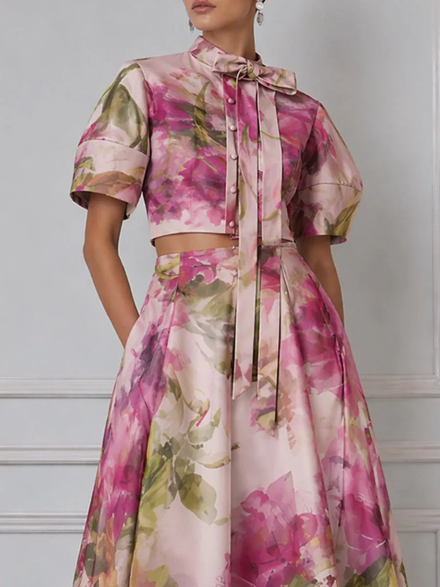 Floral Print Bow-Tie Cropped Top And A-Line Midi Skirt Set