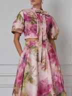 Floral Print Bow-Tie Cropped Top And A-Line Midi Skirt Set