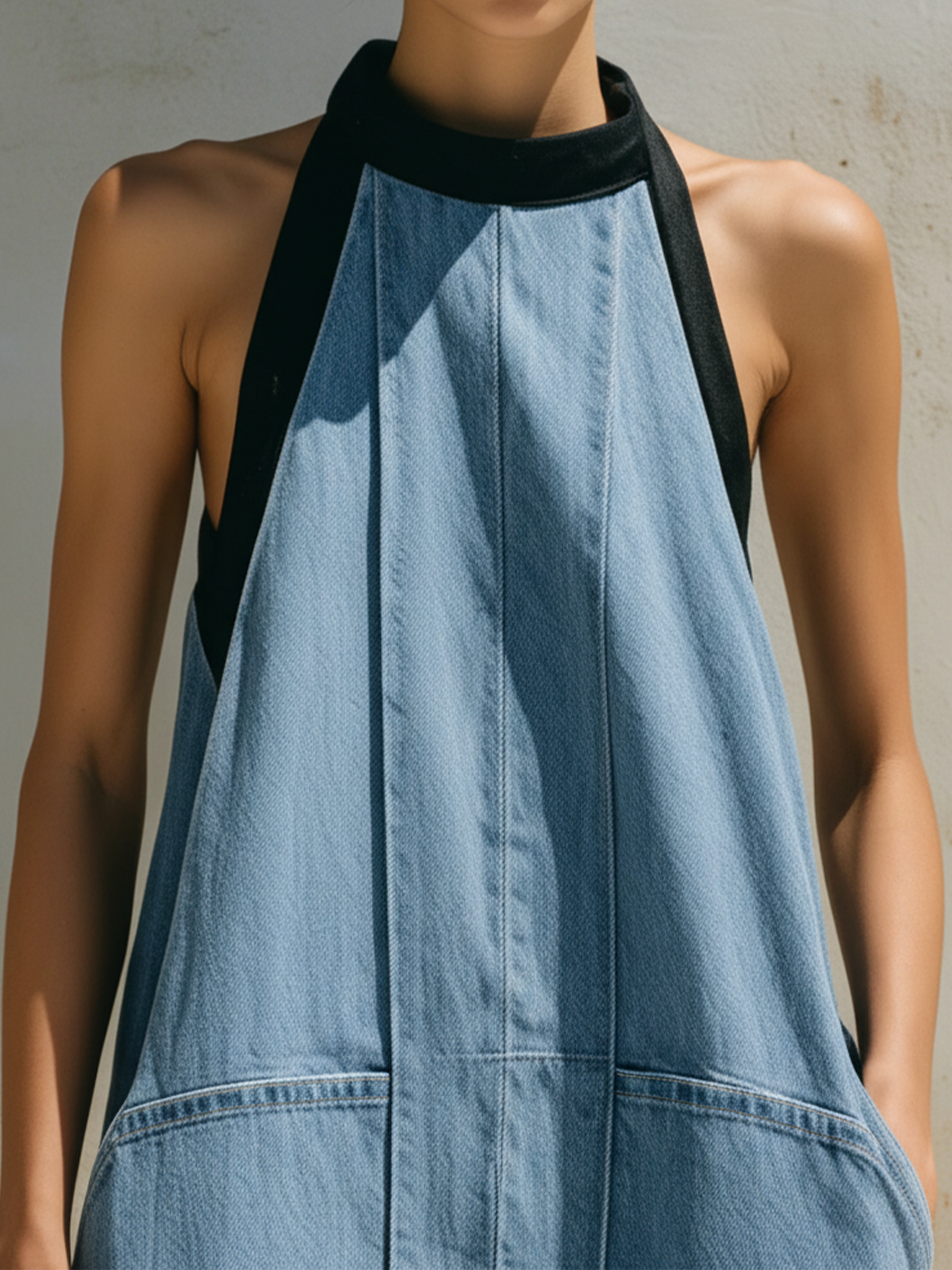 Light Wash Denim Halter Neck Maxi Dress With Black Trim