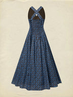 Maxi Cotton Dress, Sleeveless, V Neck, Floral, Lace, Vintage, Blue