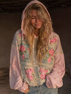 Women's Pink Rose Embroidered Denim Patchwork Hooded Sweatshirt