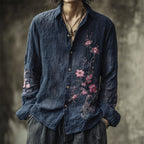 Vintage Japanese Sakura Embroidery Men's Linen Long Sleeve Shirt