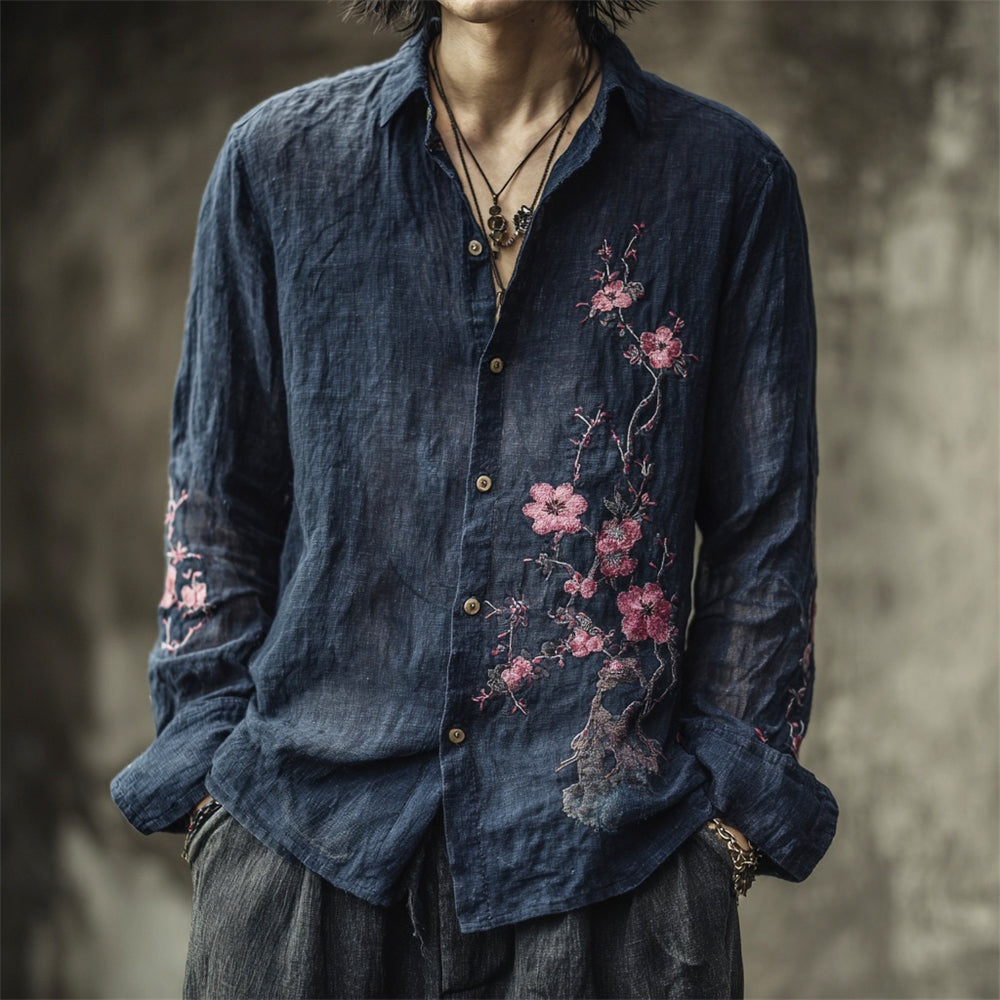 Vintage Japanese Sakura Embroidery Men's Linen Long Sleeve Shirt