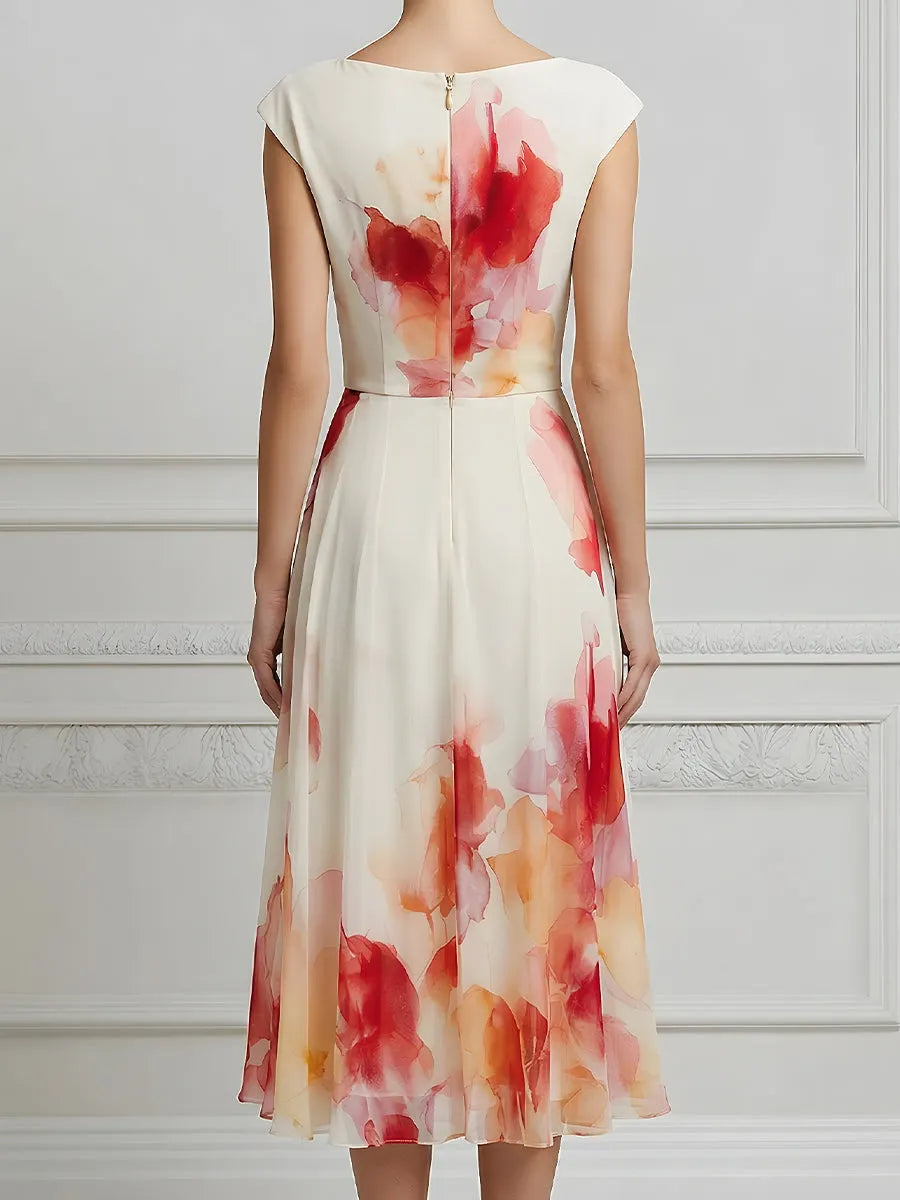 Bateau Neck Artistic Floral Midi Dress