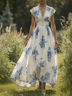 (SIZE:XS-XXL)Linen Maxi Dress, Sleeveless, V neck, Floral, Vintage, White