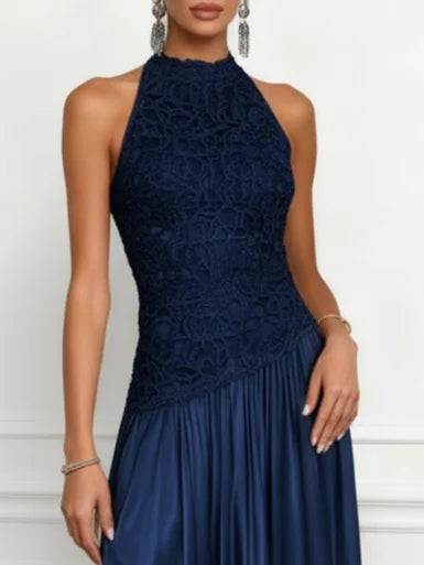 Purplish Blue Lace Satin Crew Neck Sleeveless A-Line Maxi Dress