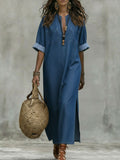 Casual Stylish Side Slits Denim Dress Navy