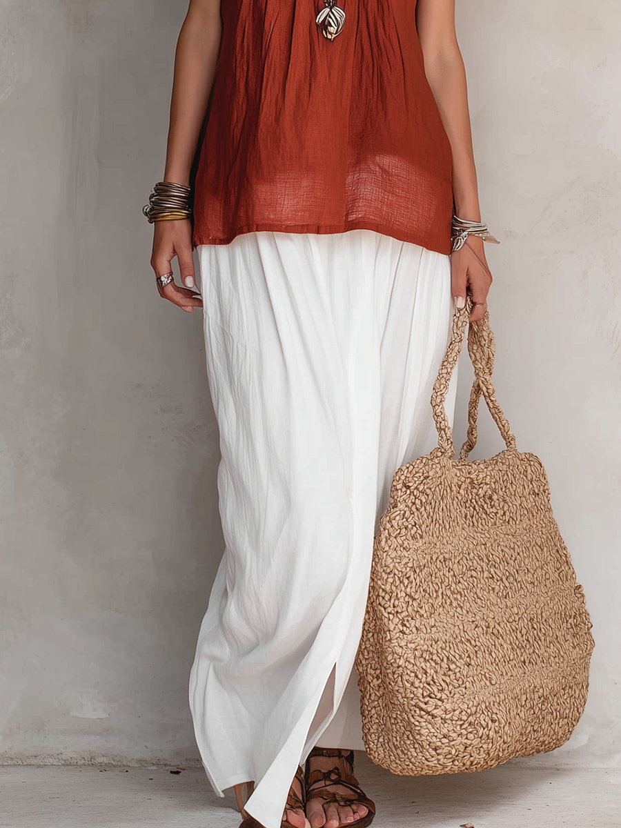 Caramel Sleeveless Top And White Slit Skirt Linen Suit