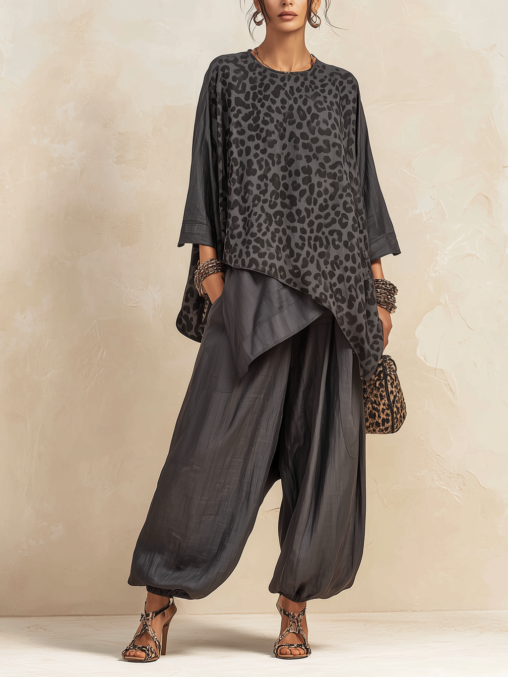Dark Grey Leopard Print Asymmetric Linen-Blend Co-ord Set