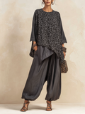 Dark Grey Leopard Print Asymmetric Linen-Blend Co-ord Set