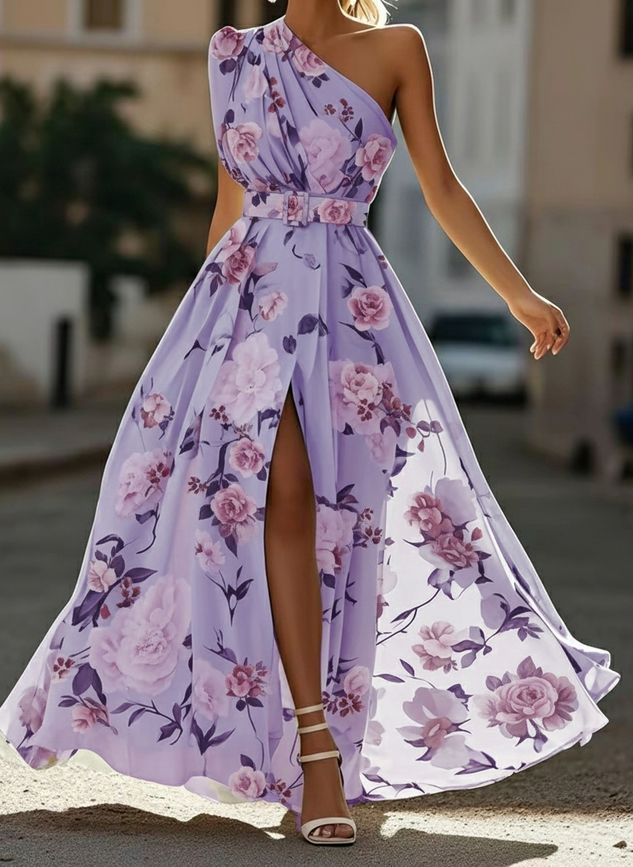 Lightgreen Ruched Slit Chiffon One Shoulder Sleeveless A-Line Floor-length Gown Dress