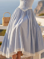 Maxi Linen Skirt, Striped, Lace, French Vintage, Blue