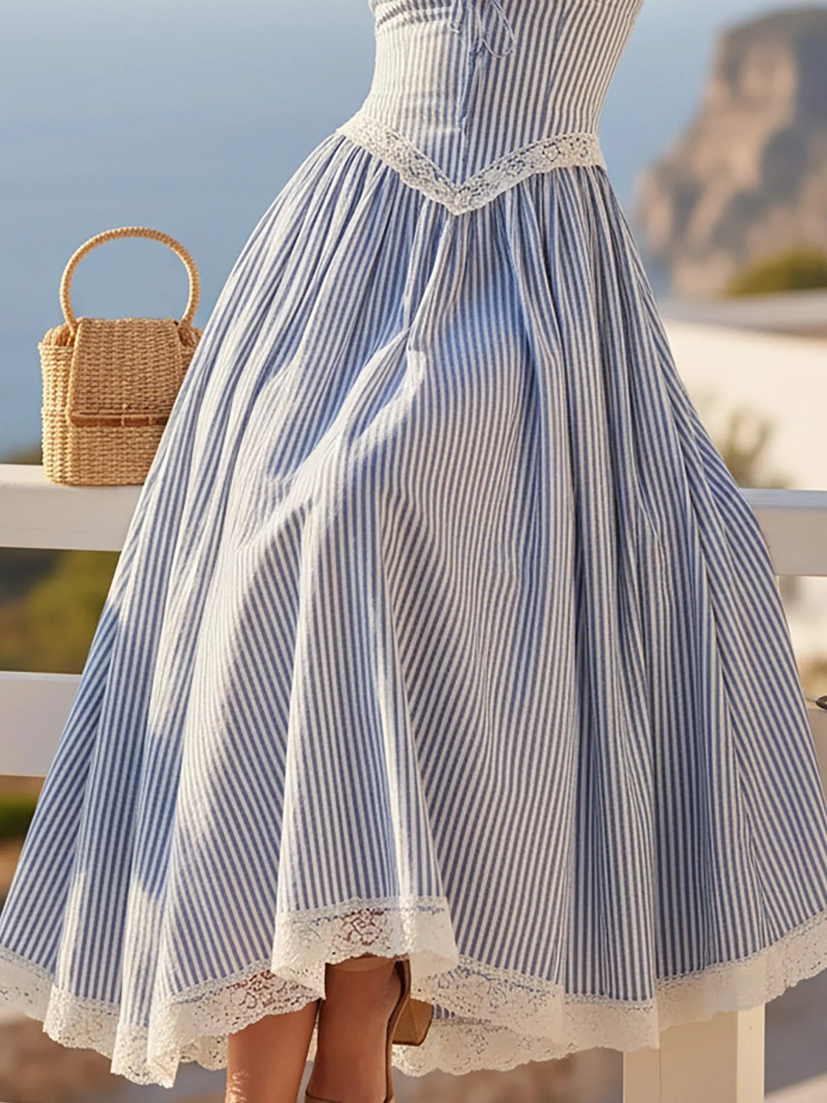 Maxi Linen Skirt, Striped, Lace, French Vintage, Blue